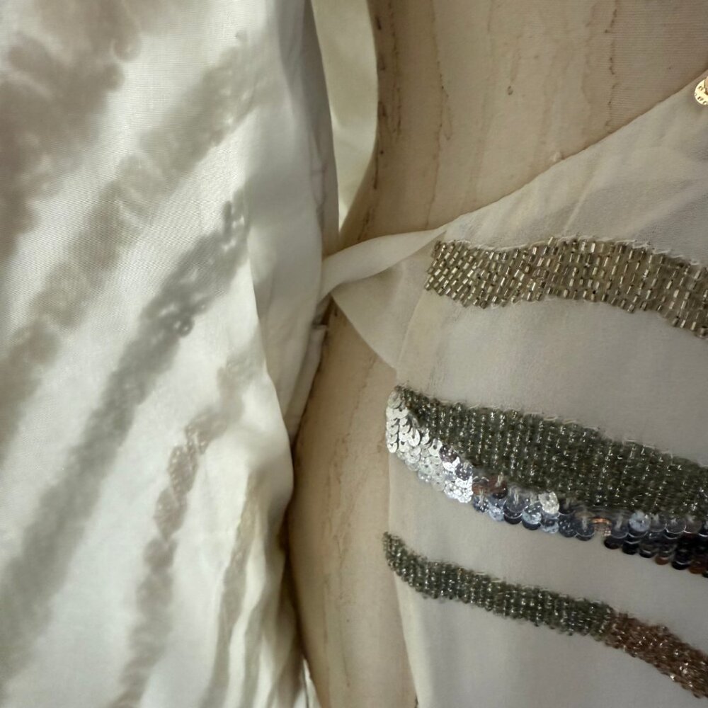 ASOS White, Gold, Silver Long Sleeve Sequin Zebra Print Wrap Midi Dress Size 6 - Picture 10 of 16